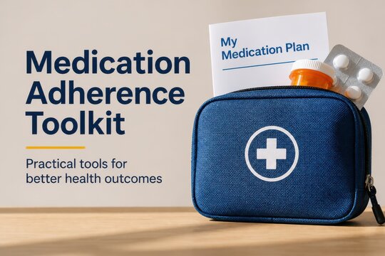 Medication Adherence Toolkit with Blue Pill Pouch and Health Care Plan Concept