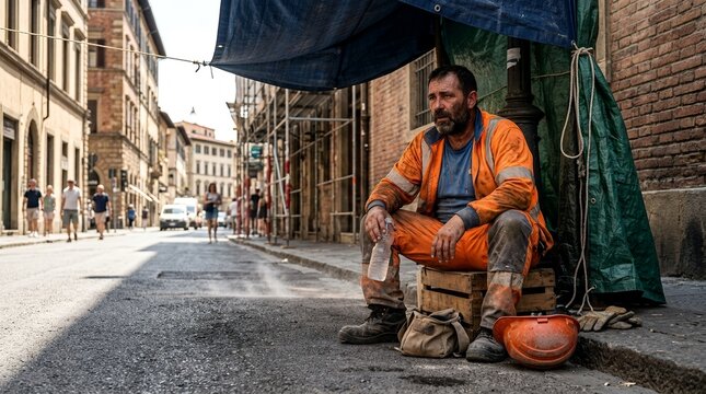 Construction Worker Taking Break Under Umbrella.