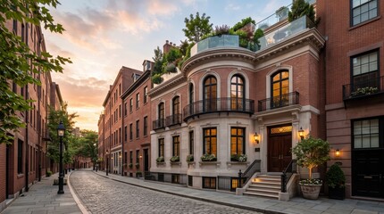 Fototapeta premium Red brick townhouse with curved bay and planted roof terrace