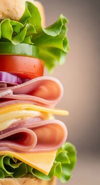 A close up macro shot of a gourmet sandwich showing colorful layers of fresh lettuce, red tomato, melted cheese, and thinly sliced ham, artisan, high, sourdough