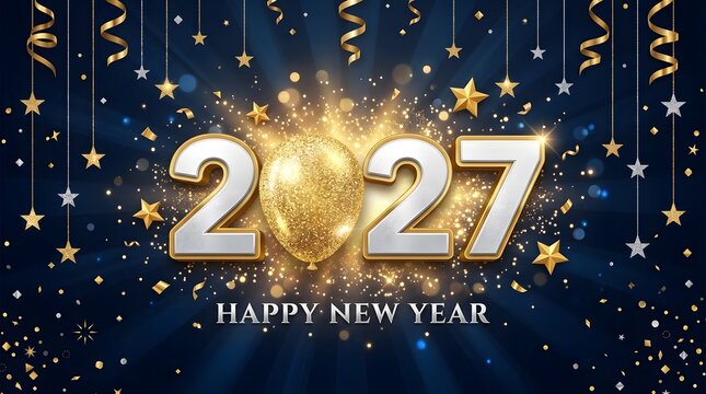 Horizontal Happy New Year 2027 banner with glowing silver and gold 2027 numbers, a central golden ornament ball, bright starburst lens flare, and hanging festive ribbons.