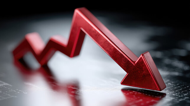 Red arrow downward trend financial loss stock market economic decline crisis negative growth business investment risk