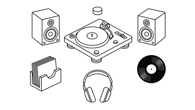 Isometric illustration of a DJ setup with turntable, speakers, headphones, and vinyl record.