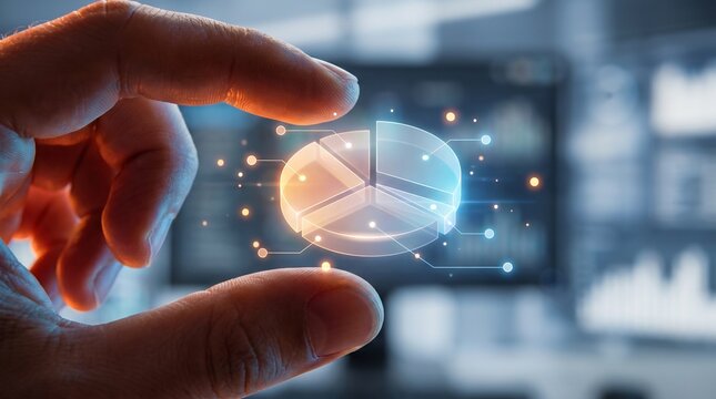 Hand holding a glowing digital pie chart for business analytics