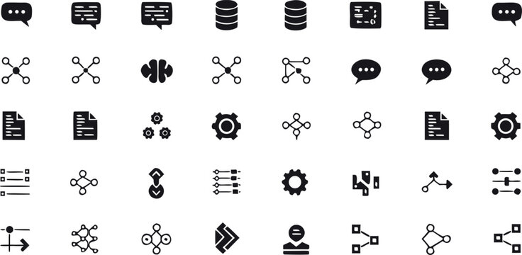 Minimalist technology network nodes database processing and AI chatbot icons set on white background