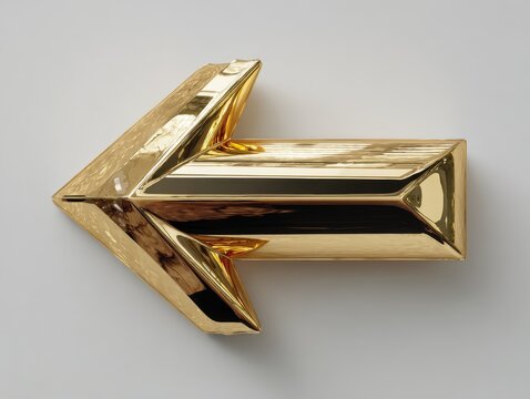 Shiny golden 3D arrow pointing left representing direction reverse return navigation back button and backward movement concept.