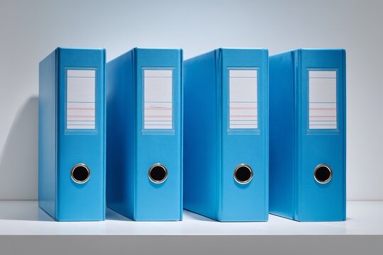 Blue ring binders or file folders standing in a row representing office organization document management and business archiving.