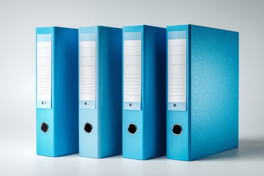 Blue ring binders or file folders standing in a row representing office organization document management and business archiving.