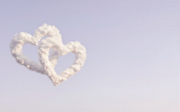 Two heart-shaped clouds float gently against a soft, dreamy sky.