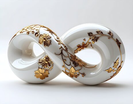 Luxury White Ceramic Ribbon Sculpture with Gold Decorative Details