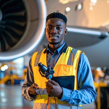 Aircraft mechanic inspecting a jet engine in a hangar with professional tools and digital tablet for maintenance and safety checks