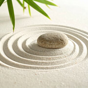 Single Stone Resting on Raked Sand in a Zen Garden with Bamboo Leaves