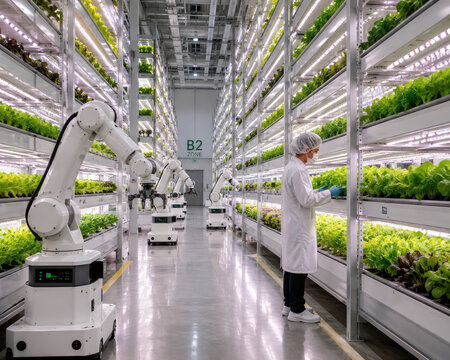 Robotic Vertical Farm with Scientist Growing Fresh Lettuce Indoors