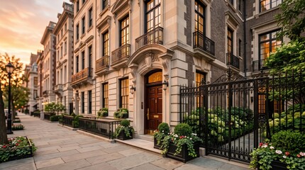 Naklejka premium Corner townhouse doorway with black iron gate and sidewalk garden