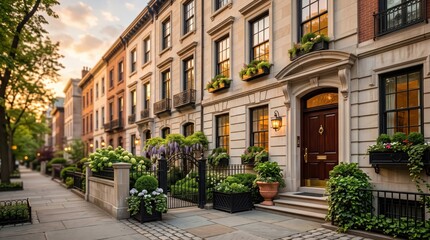 Fototapeta premium Townhouse entrance with landscaped front garden and window boxes