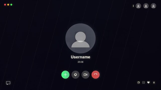 Dark mode video call interface animation with user avatar and controls