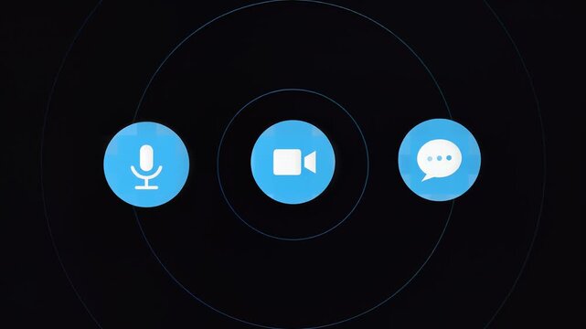 Animated communication icons for video conferencing on dark background