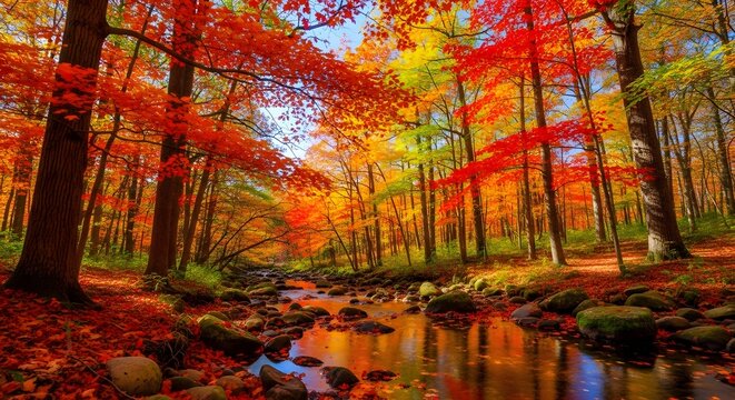 A vibrant forest stream landscape capturing the transition of seasons near the first day of winter in nature