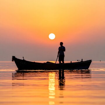 Silhouette of a fisherman rowing a wooden boat on calm water at sunset
