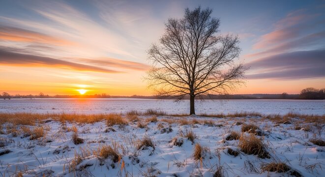 A beautiful lone tree standing in a snowy field during a vibrant golden sunset on the first day of winter
