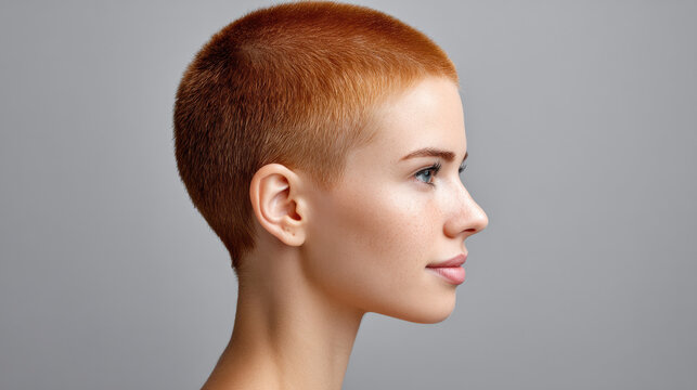 &ldquo;Short hair woman side view buzz cut natural skin youthful serene minimal background studio portrait soft lighting beauty confidence&rdquo;