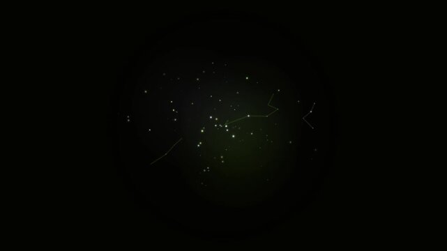 A looping starfield background showing constellation lines connected by white dots against a dark circular vignette