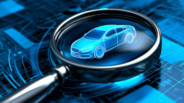 A magnifying glass examining a digital car model over technical schematics, representing vehicle diagnostics, automotive engineering, quality inspection, and future mobility development.

