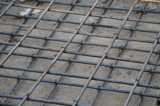 Steel reinforcement framework prepared for concrete foundation ground casting construction