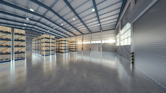 3D warehouse interior, stocked industrial shelving, concrete floor, roller shutter doors, organized inventory, logistics facility, distribution center, fulfillment warehouse, realistic background.