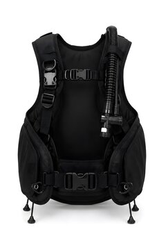Buoyancy Control Device Standing Upright on White with Straps Neatly Arranged for Professional Product Photography