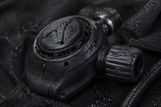 BCD Dump Valve Closeup With Textured Plastic Pull Cord And Water Droplets In Product Photography