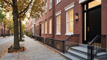 Fototapeta premium Red brick townhouse row with black door and autumn sidewalk