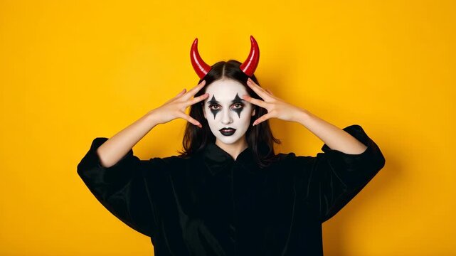 A person wearing a devil mask with hands over the eyes.