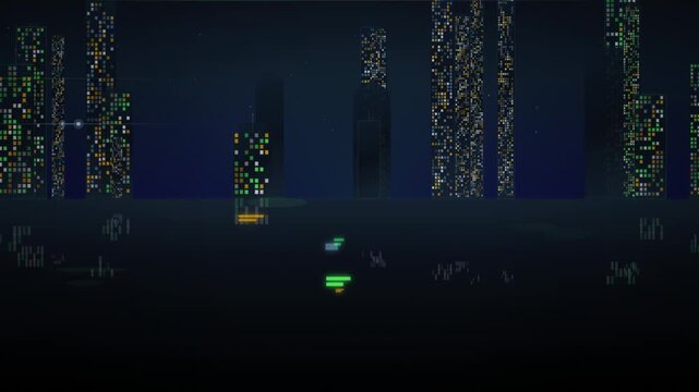 A futuristic cityscape with pixelated skyscrapers reflecting in calm water under a dark night sky.
