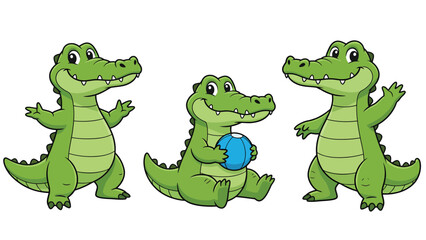Naklejka premium Three cartoon alligators in different poses, one holding a blue ball, isolated on a white background.