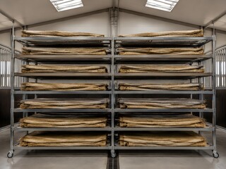 Fototapeta premium Large Bedding Drying Rack Filled With Clean Straw Mats Inside Organized Animal Care Service Facility