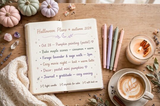 Open journal with cozy Halloween plans handwritten with pastel pens