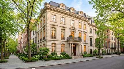 Fototapeta premium Light stone townhouse mansion on tree lined city street