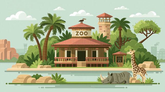 ZOO看板の熱帯動物園建物とキリン・サイが水辺に佇むフラットイラスト