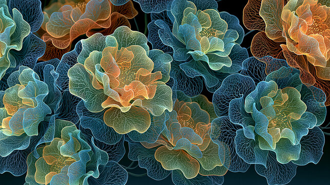 葉脈のような細い線が発光する幻想的な花のデジタルアート暗い背景のテクスチャ素材