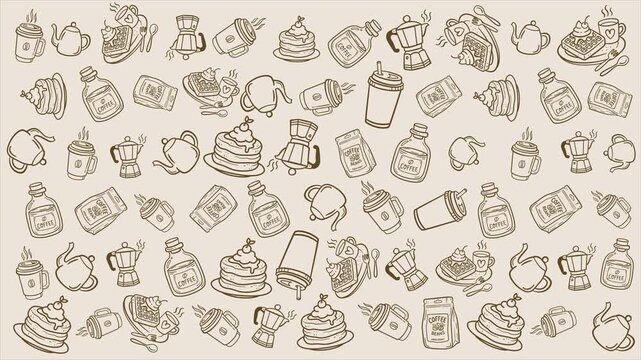 Seamless Looping Coffee and Breakfast Pattern Motion Background for Cafe Website Banner and Menu Design