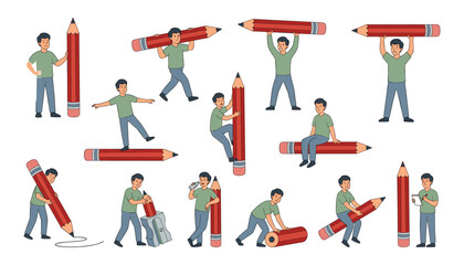 Cute cartoon boy character interacting with giant big red pencils set showing different poses creative education concept vector illustration