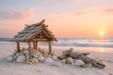 Fototapeta premium Seaside Hut Surrounded by Shells and Driftwood Creates Serene Pastel Sunrise Beach Landscape Photography Scene