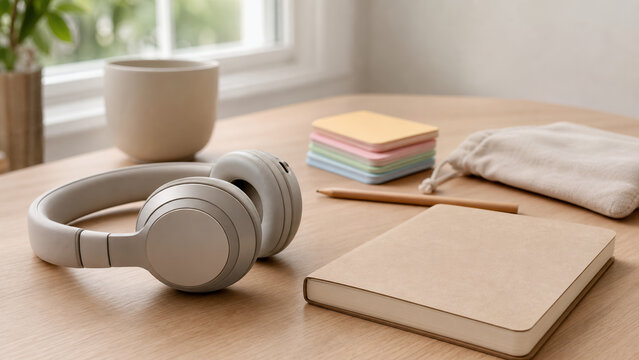 Headphones with blank flashcards for listening practice