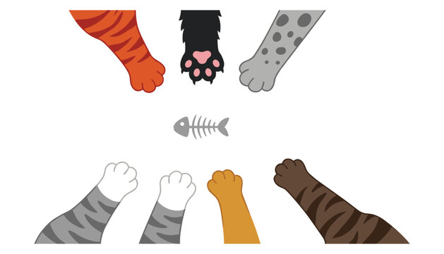 Cute cartoon cat paws reaching for fish bone skeleton showing diverse feline breeds fur patterns flat vector illustration isolated
