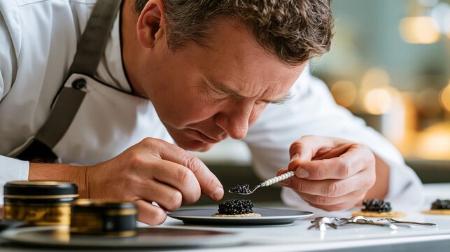 Chef placing black caviar on a blini with a spoon for a quality tasting. Concept of caviar quality control.