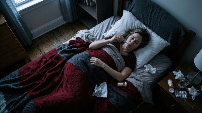 Woman Feeling Ill In Bed With Thermometer In Mouth