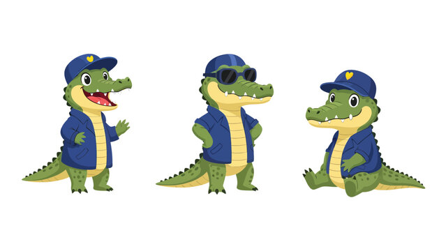 Three cartoon alligators dressed in blue jackets and caps, one wearing sunglasses, in different poses.