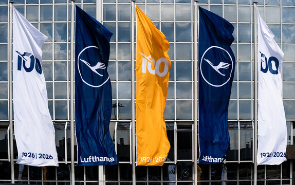 Frankfurt, Germany: Lufthansa 100 years celebration flags at the airport	