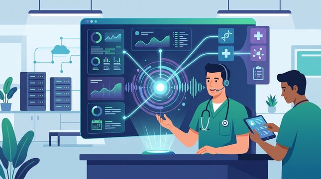 Modern healthcare professionals collaborating with ai powered medical data visualization on large screen with integrating AI driven analytics holographic soundwave visuals futuristic workspace